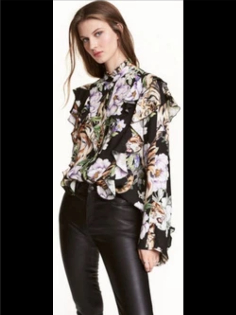 H&M Black Floral Ruffle High-Neck Blouse